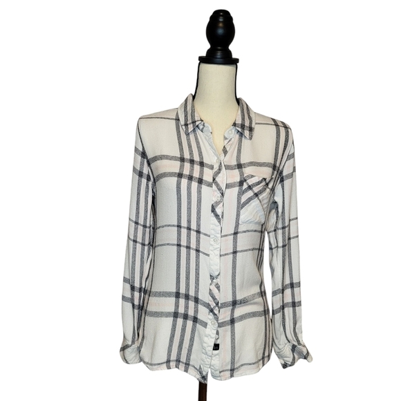 Rails women's white gray pink plaid flannel long sleeve button front top size S - Picture 1 of 11